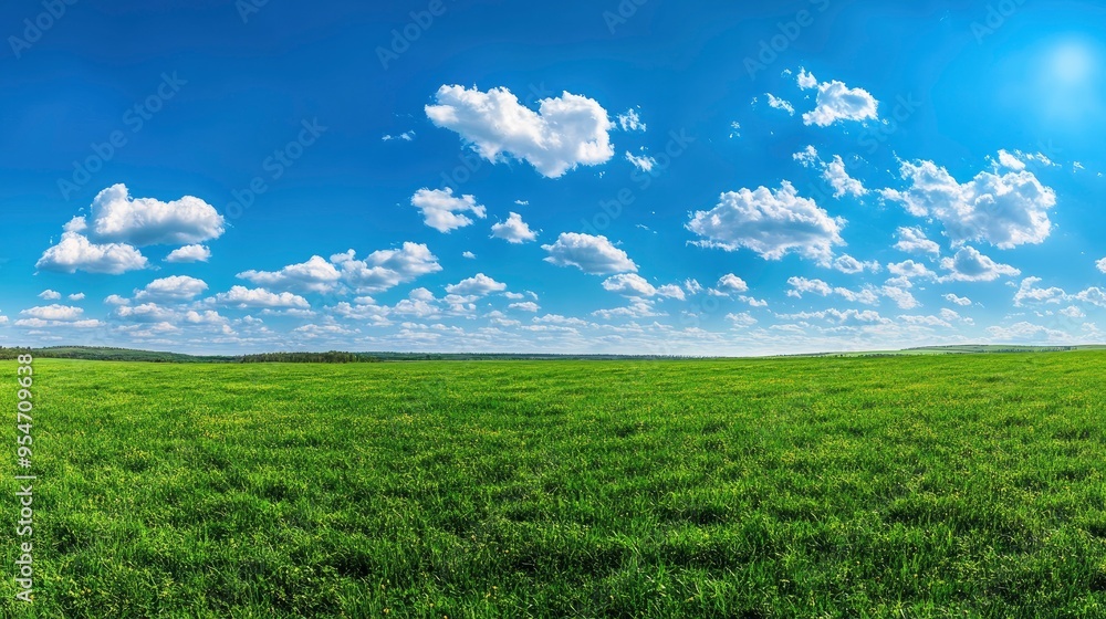 Obraz premium Beautiful natural scenic panorama green field of cut grass into and blue sky with clouds on horizon. Perfect green lawn on summer sunny day with generative ai