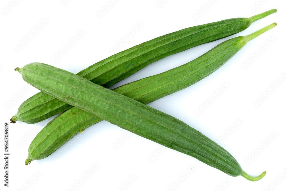 Group of angled luffa, Chinese okra, dish cloth gourd, ridged gourd, or sponge gourd, isolated on white background top view flat lay, stack. Group of angled luffa, Chinese okra, dish cloth gourd, ridged gourd, or sponge gourd, isolated on white background top view flat lay, stack.