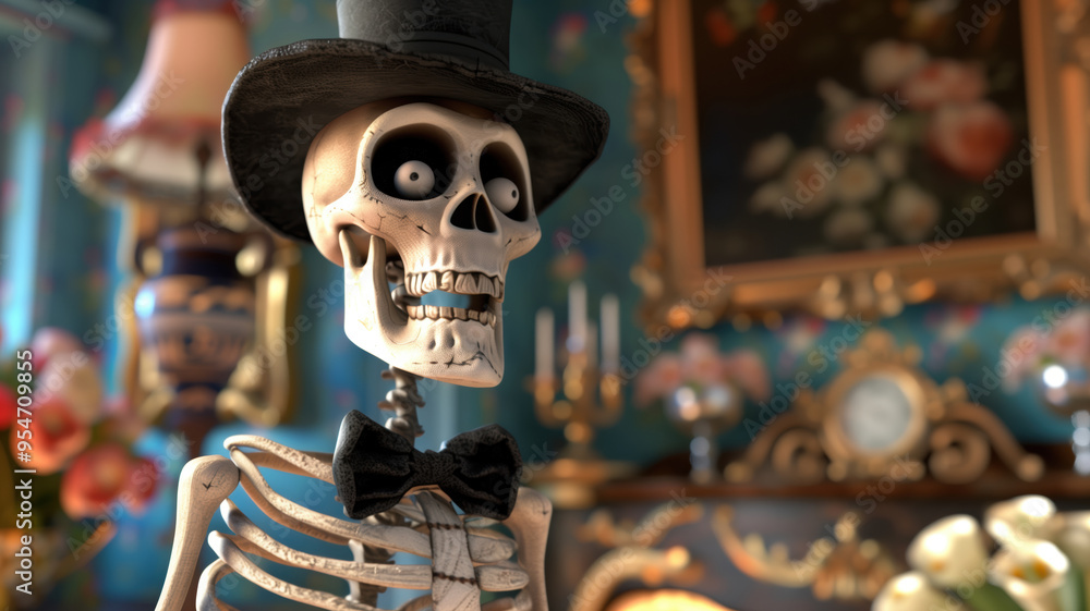 Whimsical 3D Cartoon Skeleton with Top Hat Captivating Details Whimsical 3D Cartoon Skeleton with Top Hat Captivating Details