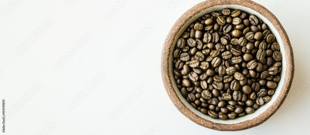 Bowl containing green coffee beans on a white background. with copy space image. Place for adding text or design Bowl containing green coffee beans on a white background. with copy space image. Place for adding text or design