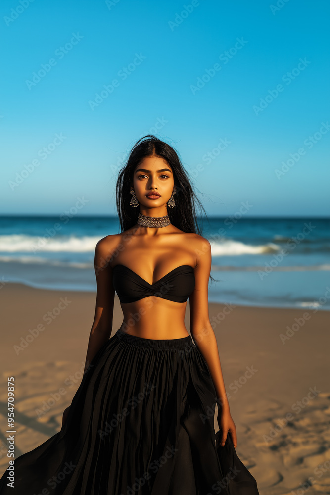 An ethnic woman in a black outfit enjoys a sunny summer day at the beach, representing vacation and relaxation An ethnic woman in a black outfit enjoys a sunny summer day at the beach, representing vacation and relaxation
