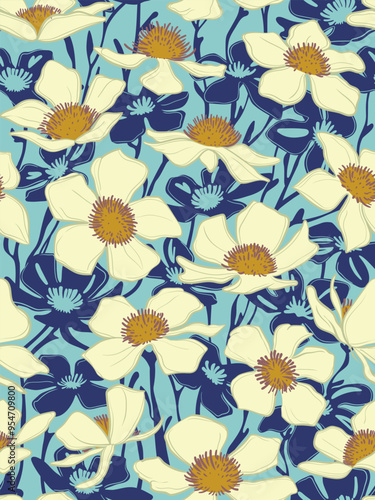 Hand drawn seamless pattern with beautiful flowers. Vector illustration, retro style. Can be used for embroidering flowers, wallpaper, etc.