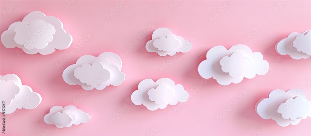 White paper cut out clouds set against a pink background Flat lay mock up copyspace White paper cut out clouds set against a pink background Flat lay mock up copyspace