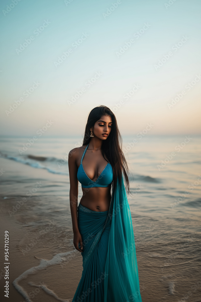 Indian woman in a blue saree walking along a serene beach at sunset, symbolizing tranquility and cultural beauty Indian woman in a blue saree walking along a serene beach at sunset, symbolizing tranquility and cultural beauty