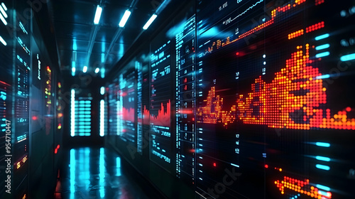 Dynamic stock market data displayed on an LED screen with intricate business analysis, ,