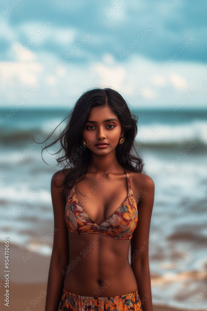 A South Asian woman enjoying a tropical beach vacation, highlighting the beauty of summer holidays and travel destinations A South Asian woman enjoying a tropical beach vacation, highlighting the beauty of summer holidays and travel destinations