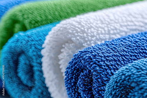 plush towels in green, white, and blue, neatly rolled photo