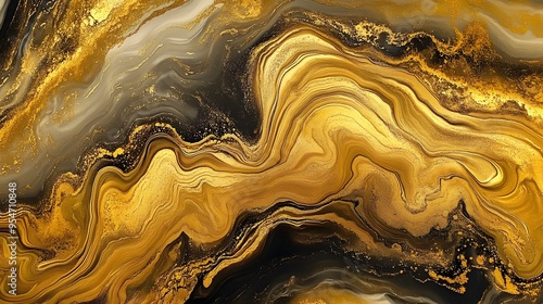 Abstract liquid gold and black marble texture with swirling patterns.