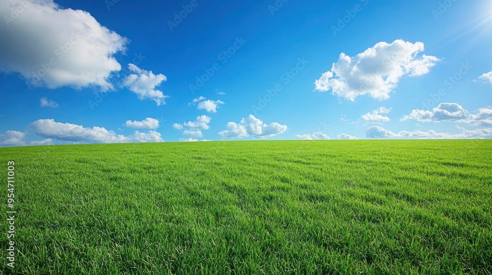 Beautiful natural scenic panorama green field of cut grass into and blue sky with clouds on horizon. Perfect green lawn on summer sunny day with generative ai Beautiful natural scenic panorama green field of cut grass into and blue sky with clouds on horizon. Perfect green lawn on summer sunny day with generative ai