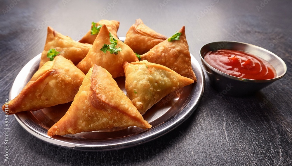 Samosa, Spiced potato-filled pastry, crispy, Savory, popular Indian snack serve with tomato. ai generated Samosa, Spiced potato-filled pastry, crispy, Savory, popular Indian snack serve with tomato. ai generated