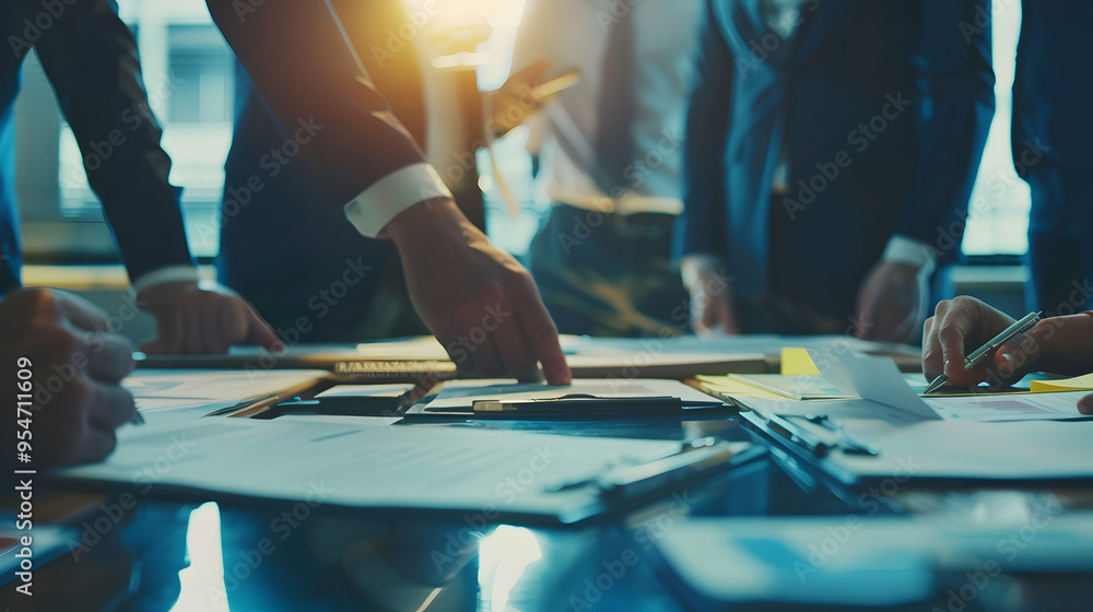 Executive business team people group working with paperwork standing at ...