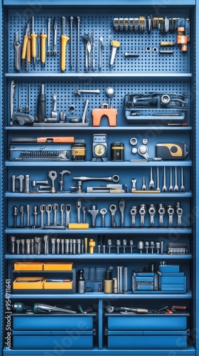 The storage area displays a variety of tools and equipment neatly organized on blue shelves, showcasing efficient industrial inventory management photo