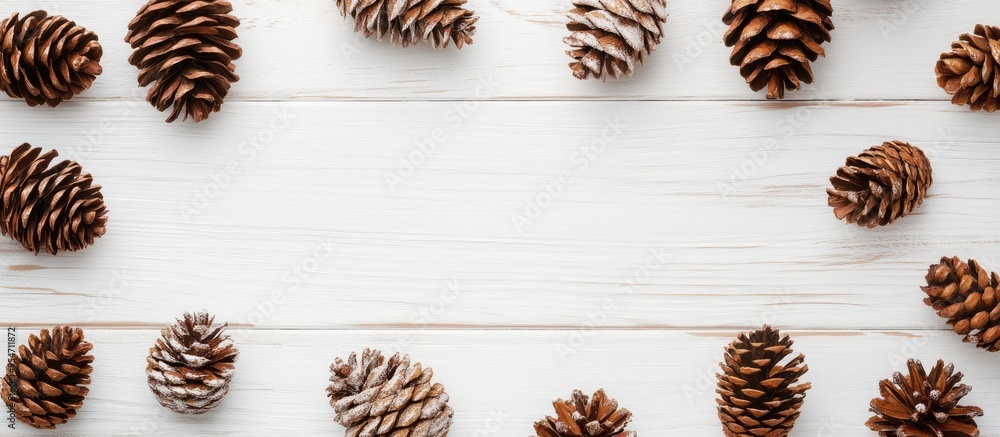 Flat lay arrangement featuring pinecones on a white wooden background with room for text. with copy space image. Place for adding text or design Flat lay arrangement featuring pinecones on a white wooden background with room for text. with copy space image. Place for adding text or design