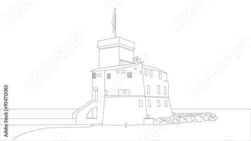 Small castle on the sea of Rapallo with Italian flag