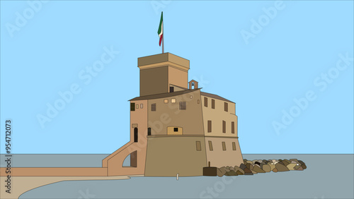 Small castle on the sea of Rapallo with Italian flag