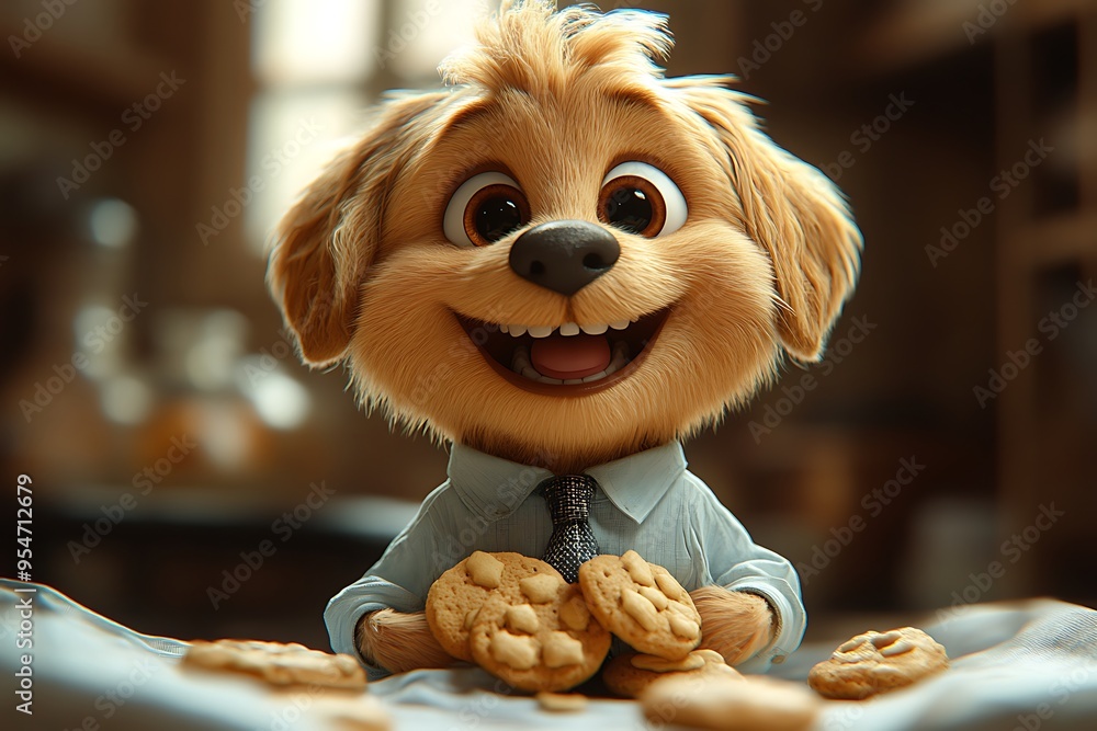 A cheerful cartoon dog in a shirt holds cookies, radiating joy and warmth. A cheerful cartoon dog in a shirt holds cookies, radiating joy and warmth.