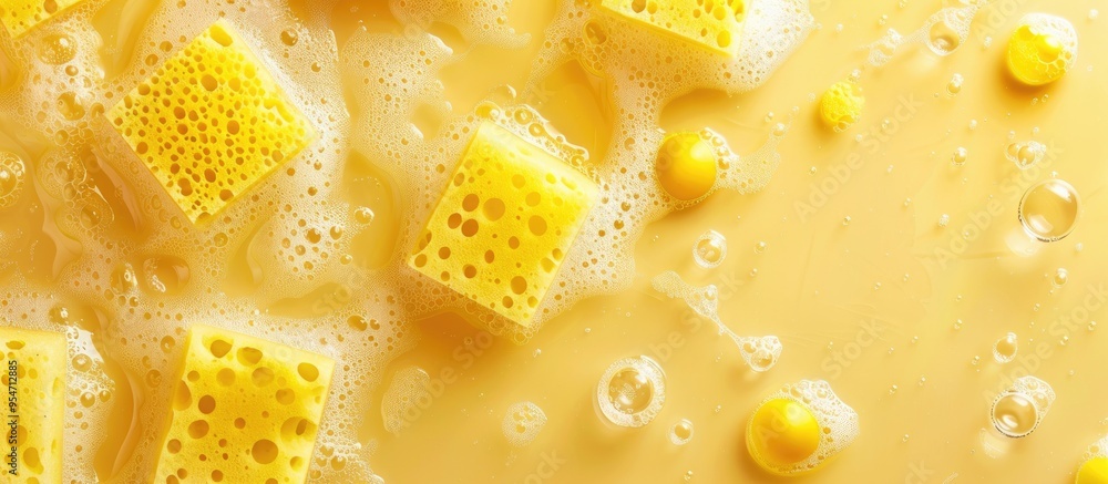 Gel capsules for dishwashers and sponges on a yellow background in a top view setting of the copy Gel capsules for dishwashers and sponges on a yellow background in a top view setting of the copy