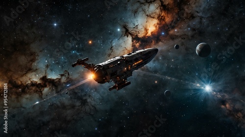 Interstellar travel. Spacecraft journeying through deep space, passing distant stars and nebulae, vastness and adventure of exploring universe. Realistic style. photo