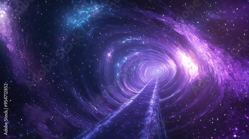 A glowing metaverse space with violet and blue fractal patterns, stars scattered across a cosmic background