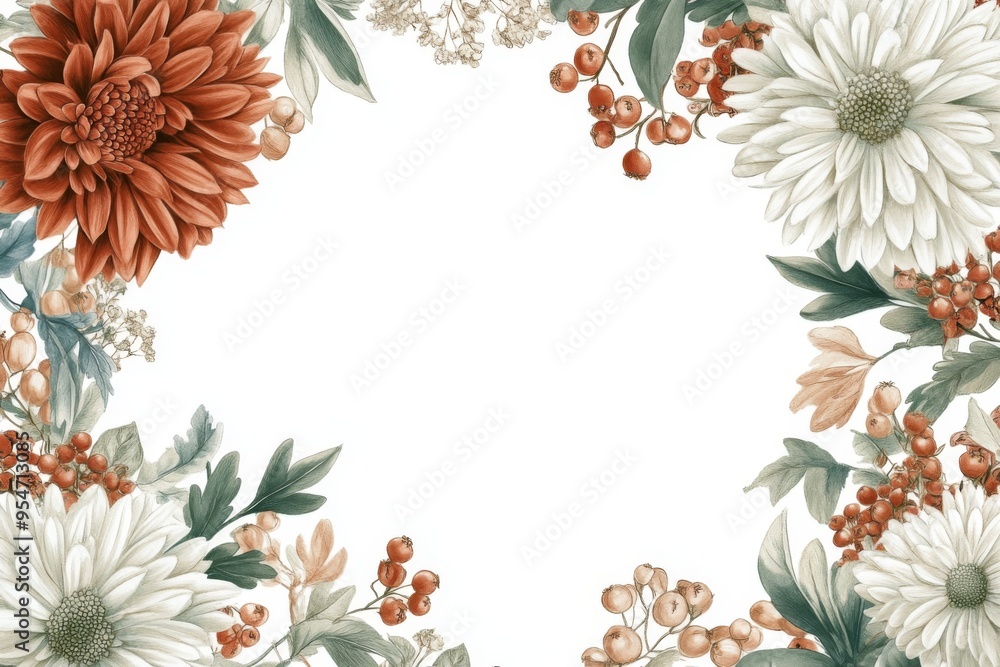 a beautiful, hand-drawn design featuring a circle of autumn flowers, including chrysanthemums and asters, surrounded by lush foliage and berries, in a muted color palette of terracotta, sage a beautiful, hand-drawn design featuring a circle of autumn flowers, including chrysanthemums and asters, surrounded by lush foliage and berries, in a muted color palette of terracotta, sage