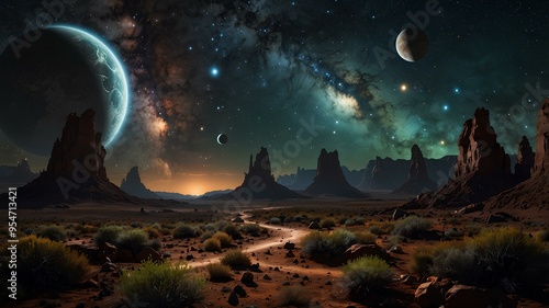 Astrobiology. Researchers studying alien life forms and ecosystems on distant planets, diversity and mystery of life beyond Earth. Realistic style. photo