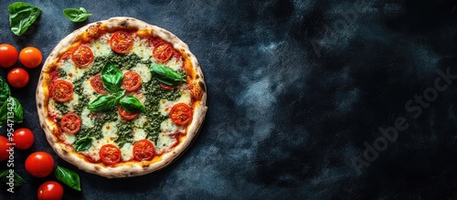 Pizza featuring green pesto...