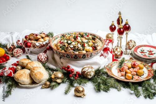 a beautifully decorated orthodox christmas table with a large serving dish of kutia as the centerpiece, surrounded by traditional ukrainian ornaments and festive linens. photo