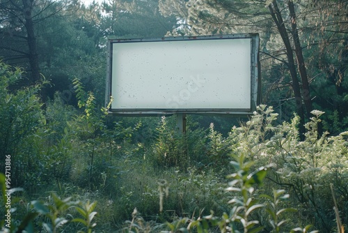 Blank Outdoor Billboard in Forest Setting Amidst Lush Green Trees