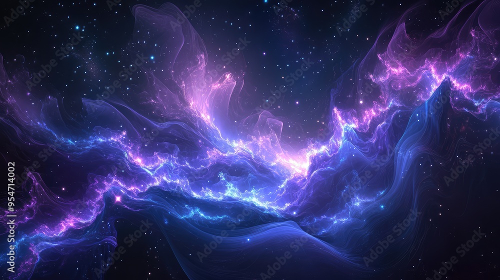 A luminous metaverse with violet and blue fractal waves, accompanied by stars that shimmer in a dark, digital sky A luminous metaverse with violet and blue fractal waves, accompanied by stars that shimmer in a dark, digital sky