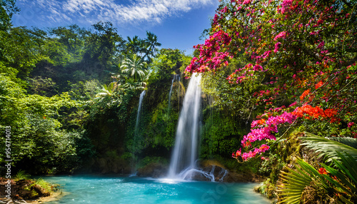 Fototapeta Naklejka Na Ścianę i Meble -  A picturesque view of a waterfall in the Dominican Republic's rainforests, surrounded by dense greenery and colorful tropical flowers. The waterfall cascades into a serene pool below.