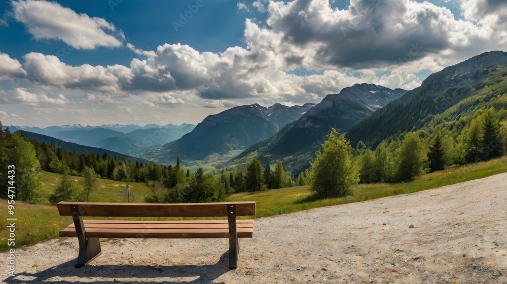 Scenic European mountains and bench Scenic European mountains and bench