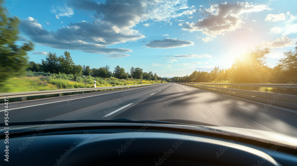 The point-of-view perspective from a driving car on a highway captures the sense of motion and travel The point-of-view perspective from a driving car on a highway captures the sense of motion and travel