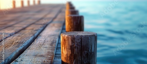Wooden pier piling with a blurred pier in the background featuring cool colors and copyspace