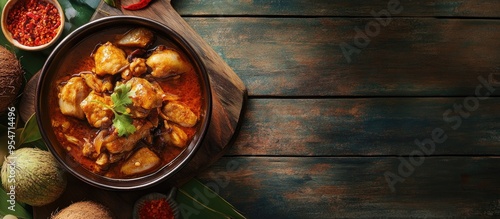 Opor ayam is a special traditional Indonesian dish typically served during Eid al Fitr or Eid al Adha alongside ketupat It is prepared with coconut milk. with copy space image photo