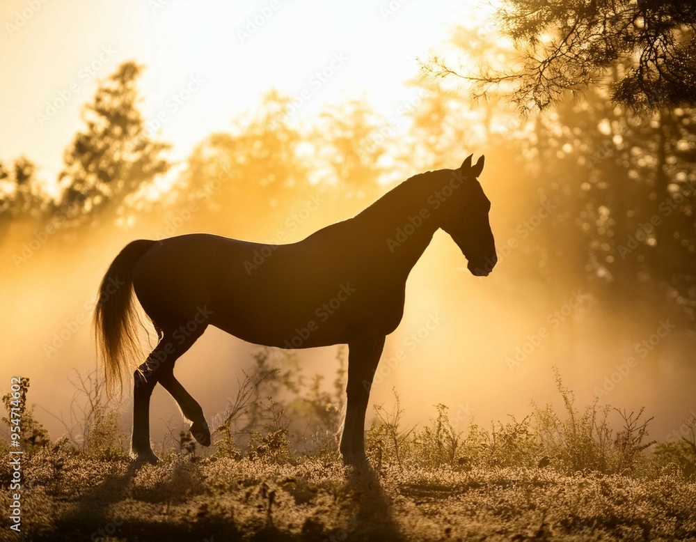 A majestic stallion stands tall in a golden sunset, its silhouette against the vast sky, a symbol of wild equine beauty in nature's embrace A majestic stallion stands tall in a golden sunset, its silhouette against the vast sky, a symbol of wild equine beauty in nature's embrace