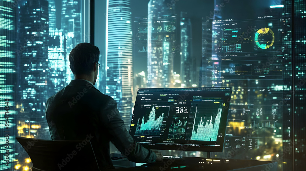 Finance strategist analyzing market indicators with skyscrapers in the background, , Finance strategist analyzing market indicators with skyscrapers in the background, ,