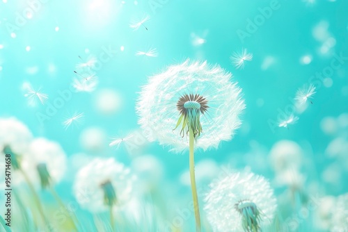 Beauty in nature dandelion seeds closeup blowing in blue green turquoise background. Closeup of dandelion on meadow background, artistic nature macro. with generative ai