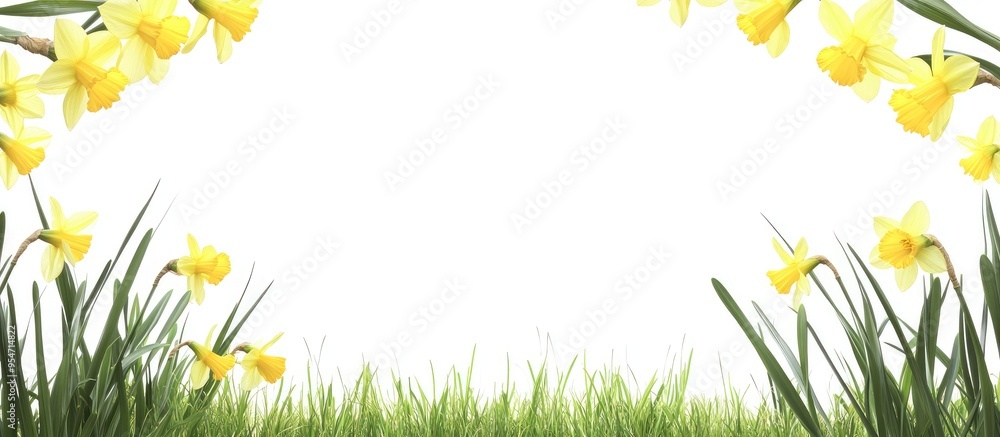 Spring background featuring a frame of grass and daffodils in a natural setting suitable for a white isolated studio background Close up. with copy space image. Place for adding text or design Spring background featuring a frame of grass and daffodils in a natural setting suitable for a white isolated studio background Close up. with copy space image. Place for adding text or design