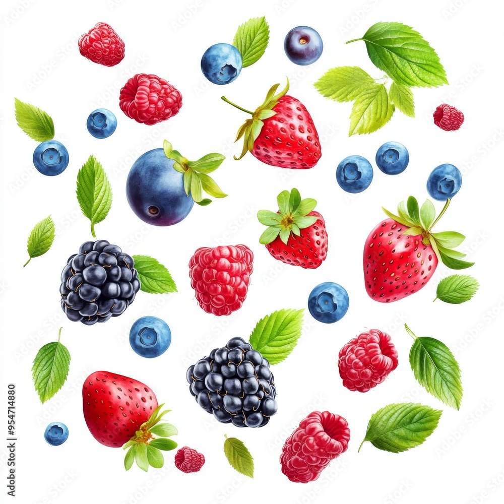 Flying fresh berries: Strawberries, Raspberries, Blueberries and Blackberries on white background. Flying fresh berries: Strawberries, Raspberries, Blueberries and Blackberries on white background.