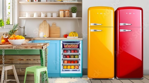 20 Compact refrigerator, colorful options, studio apartment, bright lighting photo