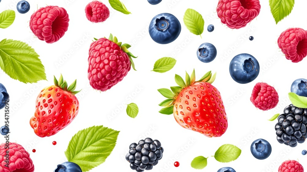 Flying fresh berries: Strawberries, Raspberries, Blueberries and Blackberries on white background.