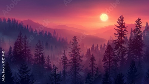 Silhouetted pine trees stand tall against a breathtaking sunset over a misty mountain range.