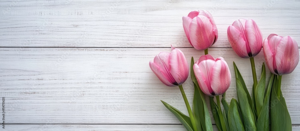 pink tulips against a white wooden background. with copy space image. Place for adding text or design pink tulips against a white wooden background. with copy space image. Place for adding text or design