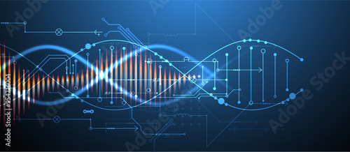Scientific and technological background. Image of dna molecule with technological elements. Hand drawn vector.