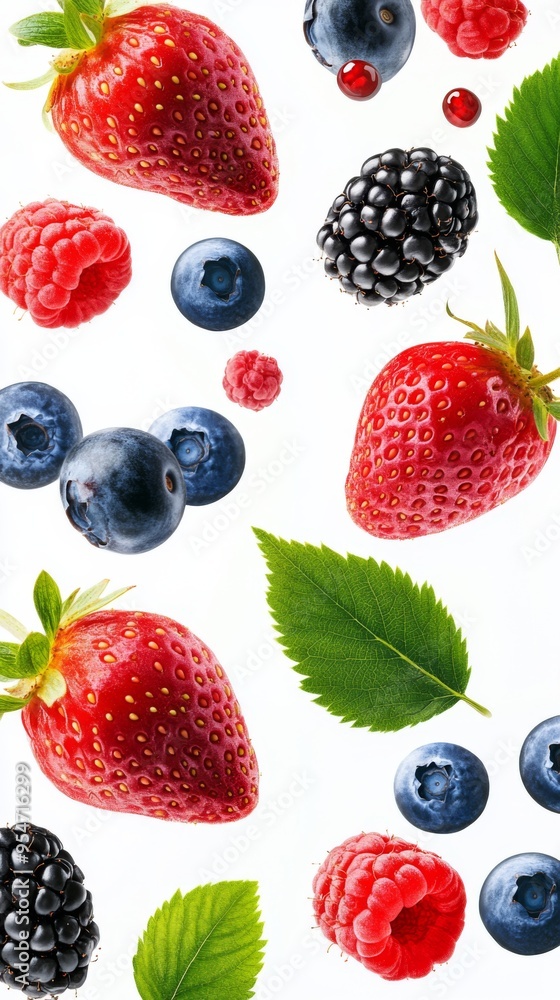 Flying fresh berries: Strawberries, Raspberries, Blueberries and Blackberries on white background. Flying fresh berries: Strawberries, Raspberries, Blueberries and Blackberries on white background.