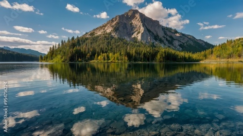 Scenic view of mountain reflecting in crystal-clear lake 