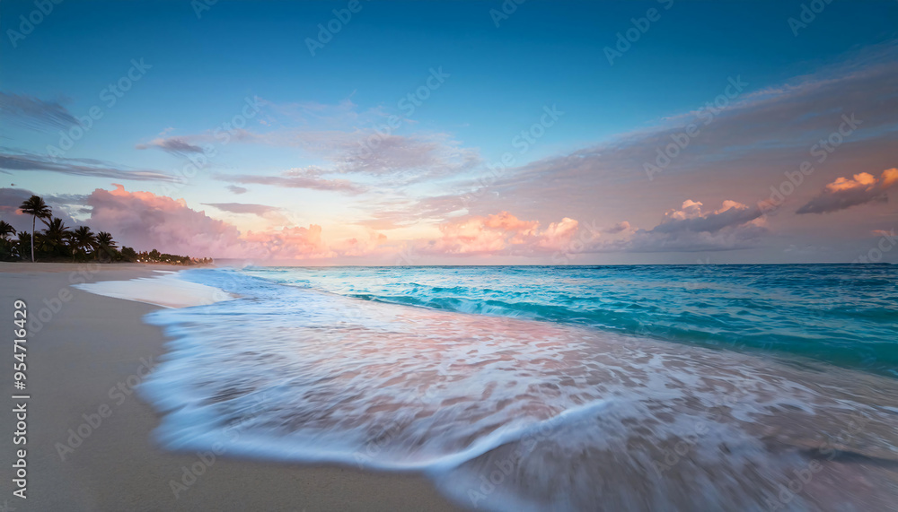 Fototapeta premium A serene view of a Dominican Republic beach at dawn, with gentle waves lapping at the shore and a quiet, peaceful atmosphere. The sky is painted with soft pastel colors as the sun begins to rise.