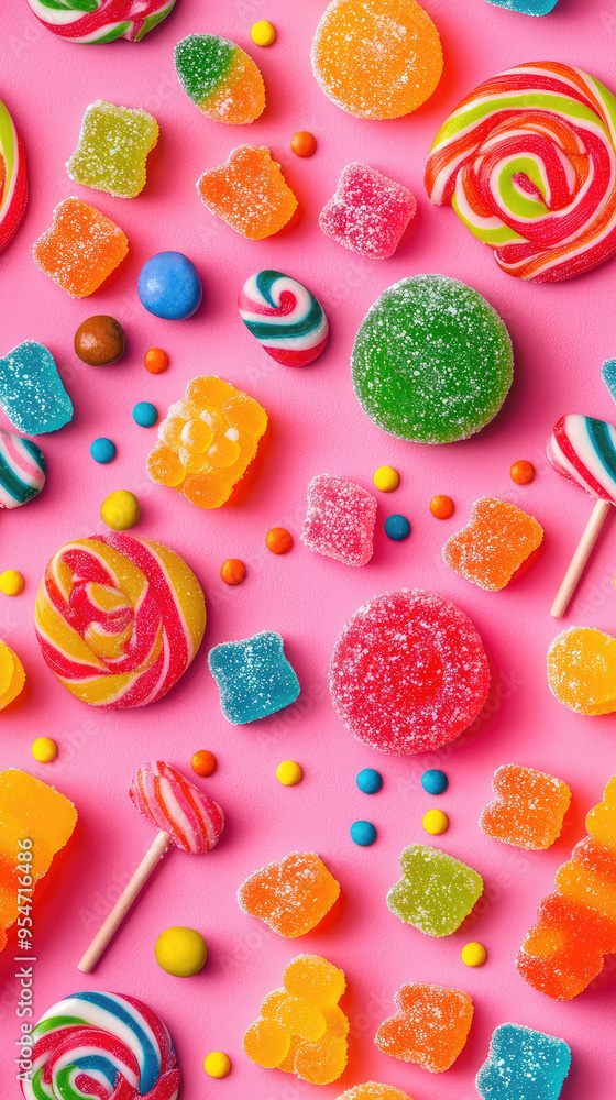 A Symphony of Sweets: A vibrant spread of colorful candies and lollipops, arranged in a playful pattern against a bright pink background. A Symphony of Sweets: A vibrant spread of colorful candies and lollipops, arranged in a playful pattern against a bright pink background.