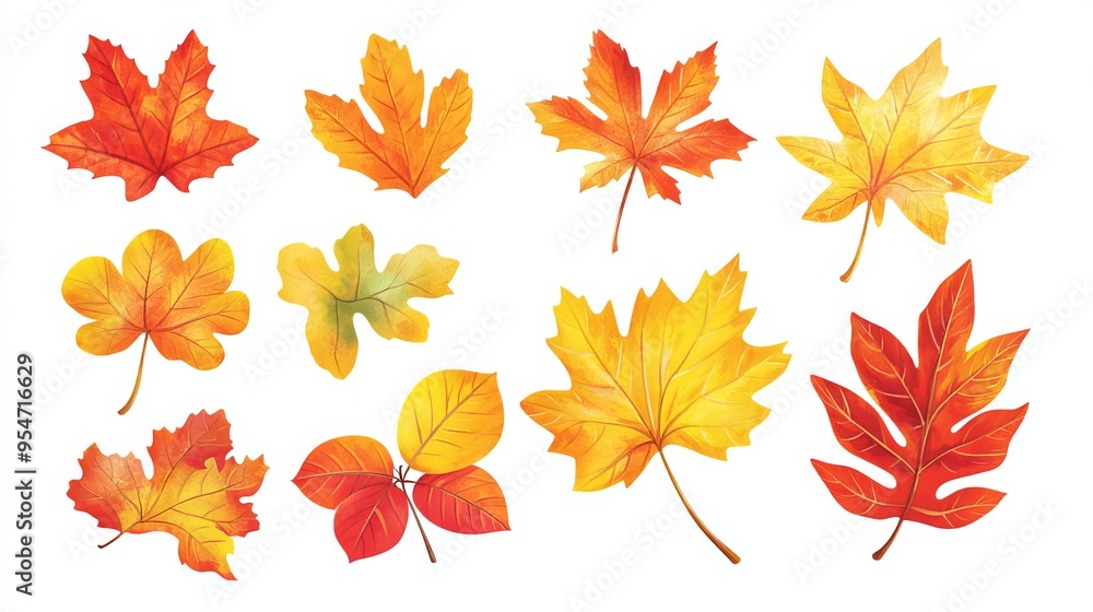 Autumn leaves from maple, chestnut, and oak trees in yellow, orange, and red. Perfect for patterns, banners, stickers, or fall-themed cards. Vector illustration on a white background. Autumn leaves from maple, chestnut, and oak trees in yellow, orange, and red. Perfect for patterns, banners, stickers, or fall-themed cards. Vector illustration on a white background.