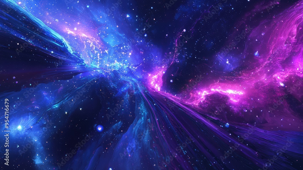 A vibrant metaverse scene with violet and blue fractal beams, set against a backdrop of stars and cosmic swirls A vibrant metaverse scene with violet and blue fractal beams, set against a backdrop of stars and cosmic swirls